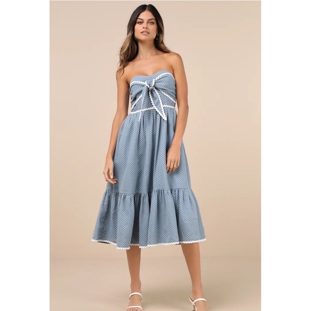 Lulus Blue Polka Dot Strapless Ric Rac Trim Midi Dress XS Prairie Cottagecore